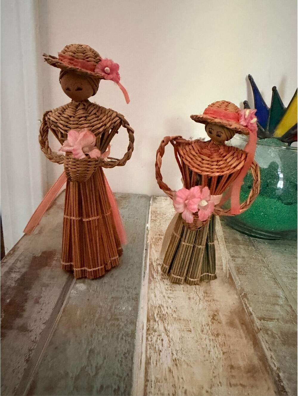 Pair Korean Folk Art Straw Dolls Handmade Lady Basket Pink Flower Hat